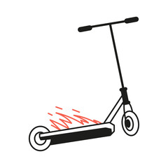 Stunt scooter on fire line art minimalistic vector illustration isolated on white.