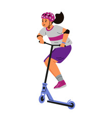 Teenage girl making trick on stunt scooter flat vector illustration isolated on white.