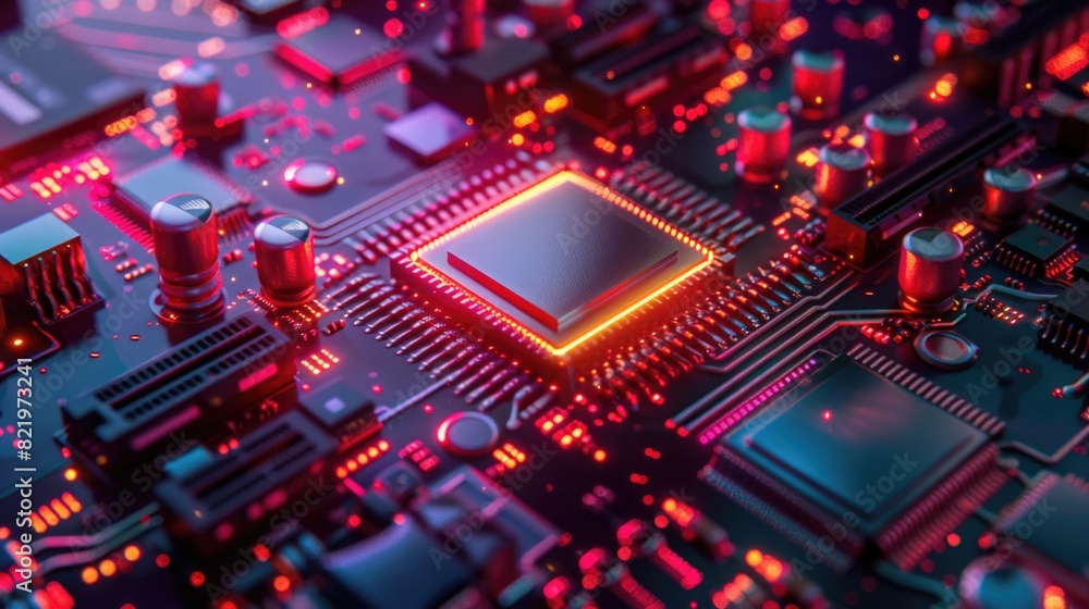 Poster detailed close up of a computer motherboard, suitable for technology concepts