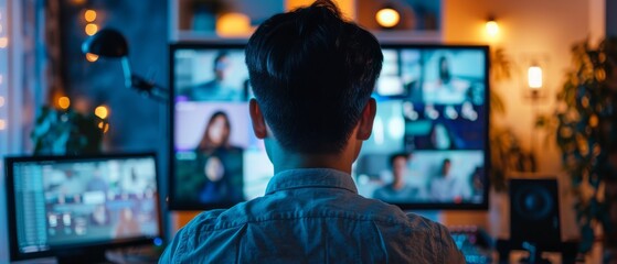 Obraz premium Man working from home on multiple screens, participating in a virtual meeting. Cozy and productive remote office environment.