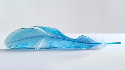 Whimsical blue feather displayed on a clean white surface, adding a pop of color and whimsy to the serene setting.