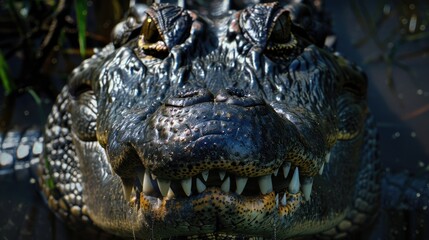 Obraz premium Close up of an alligator's face with its mouth open. Perfect for wildlife or animal themed designs