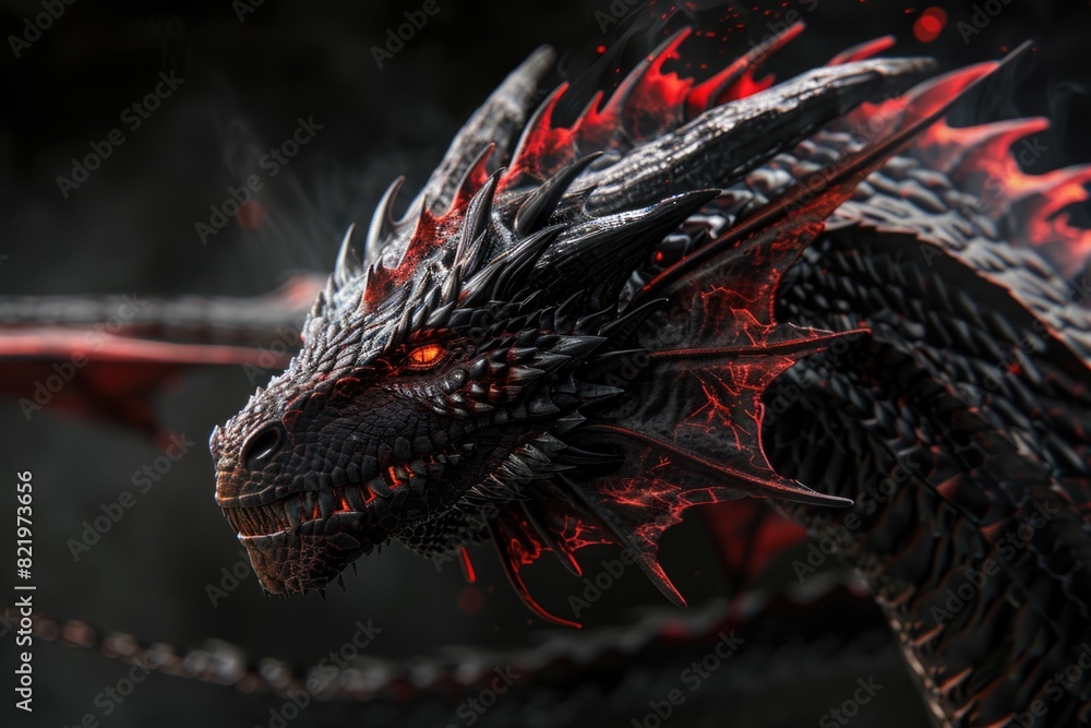 Poster a detailed view of a dragon with striking red eyes. perfect for fantasy or mythical themed projects
