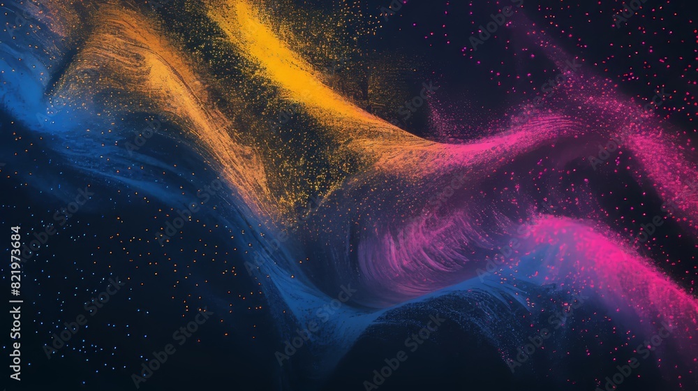 Aufkleber an abstract glowing color wave is displayed on a grainy gradient background with blues, pinks, and y