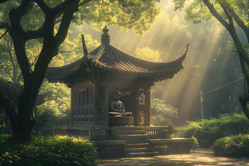Tranquil Dawn: A Depiction of Serene Zhen Xiang Buddhism Enshrined in Nature's Bosom