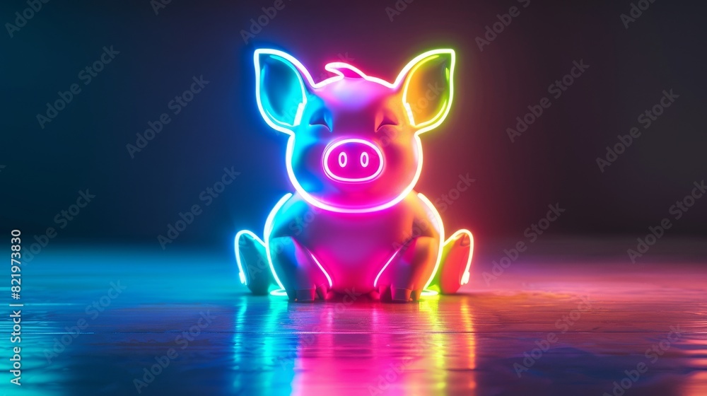 Wall mural on a dark background, an adorable cartoon piglet shines with neon lights. - Wall murals