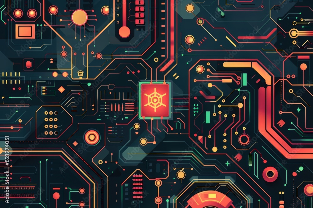 Poster computer circuit board with a red star, suitable for technology concepts