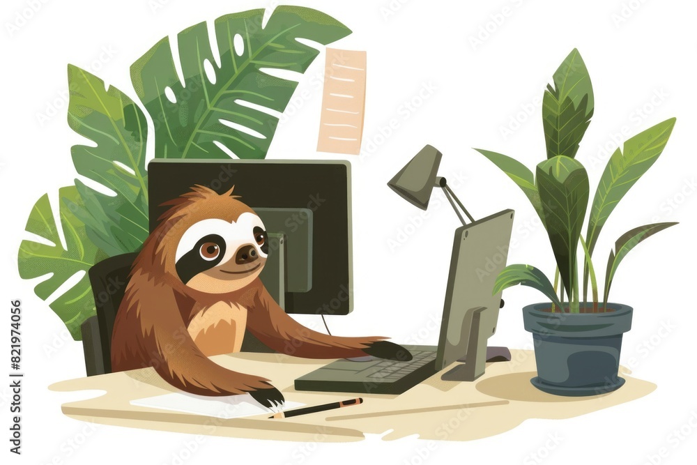 Poster A cute sloth sitting at a desk with a computer. Suitable for office or technology concepts