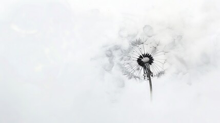 Whimsical dandelion seed head floating on a white background, embodying simplicity and serenity.