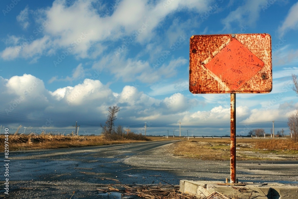 Poster a rusted red stop sign on the side of a road. suitable for transportation safety concepts