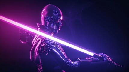 This futuristic warrior with glowing lightsaber is ideal for science fiction themes and May 4th celebrations