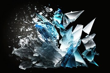 Shards of shiny glass and ice in flight, isolate, black background. AI generated