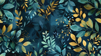 Watercolor gold teal turquoise floral leafy seamless