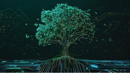 a tree with a circuit board motif. The branches of the tree are depicted with lines and dots that resemble electronic traces and nodes, typical of a printed circuit board (PCB) design