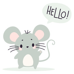 Flat vector illustration on white background. Cute mouse waving his paw. A speech bubble and the words Hello. Vector illustration