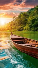 Naklejka premium Calm Lake Adventure: Solo Rowboat