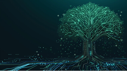 a tree with a circuit board motif. The branches of the tree are depicted with lines and dots that resemble electronic traces and nodes, typical of a printed circuit board (PCB) design