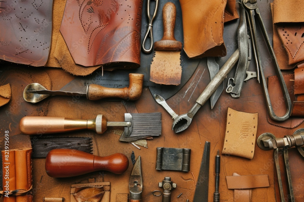 Poster leatherworking tools displayed on a wooden table. ideal for crafting or diy projects