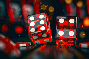 Image of dice in casino, exciting atmosphere of gambling