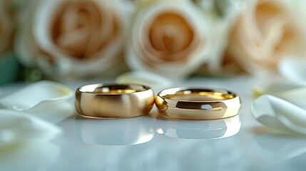 Gold rings with precious diamonds for the newlyweds on a background of flowers. wedding rings for couples