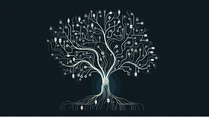 a tree with various electrical plugs and sockets leaves transitioning into a pattern resembling circuit board traces or wires, which end in USB plugs and representing the idea of a tech ecosystem