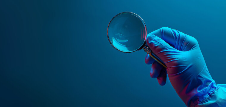 Health technology theme, a man’s hands holding magnifying glass on a blue or green screen with a medical assistance system.