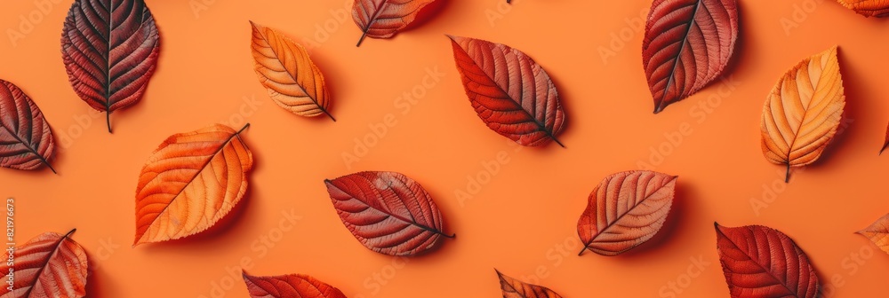 Poster aerial view of autumn leaves on orange background with generous space for adding text