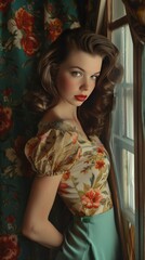 A glamorous woman in a floral print top and teal skirt stands by a window, her wavy hair styled beautifully, exuding a classic charm.