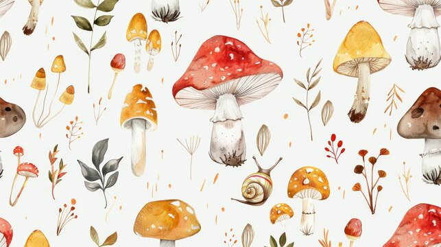 A cute seamless pattern with watercolor hand drawn abstract forest mushrooms, flowers and snails. Great for kids' wallpapers.