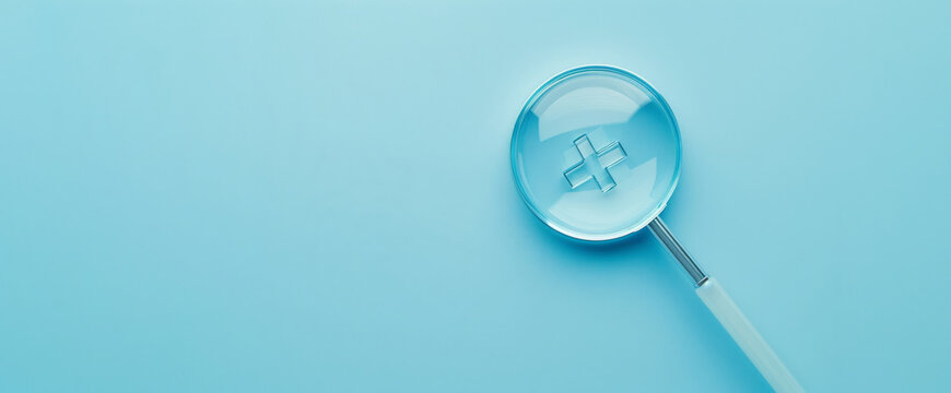 Health technology theme, a man’s hands holding magnifying glass on a blue or green screen with a medical assistance system.