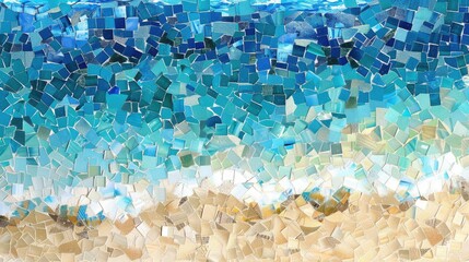 A stunning mosaic painting depicting the beauty of nature with seashells and starfish on a beach. The artwork captures the essence of the natural world in electric blue hues AIG50