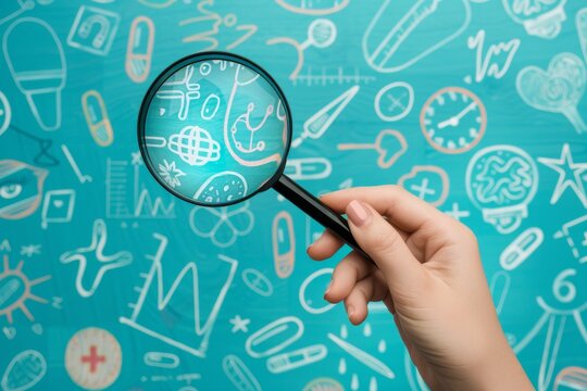 Health technology theme, a man’s hands holding magnifying glass on a blue or green screen with a medical assistance system.
