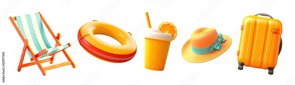 Poster 3d summer objects png element set on transparent background