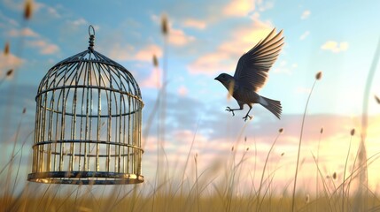 This bird has escaped its cage. Space for text.