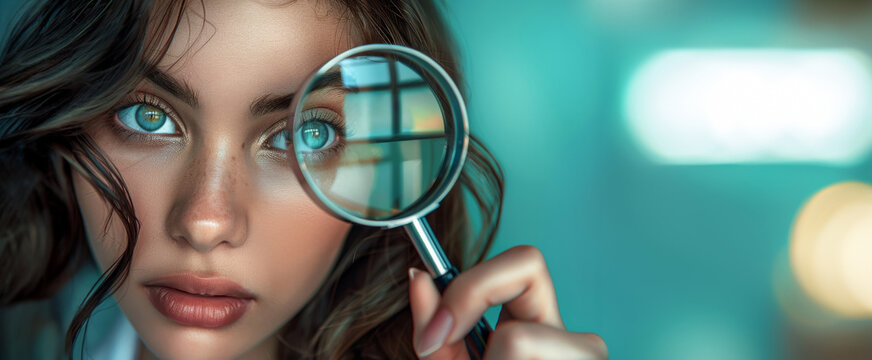 Health technology theme, a man’s hands holding magnifying glass on a blue or green screen with a medical assistance system.