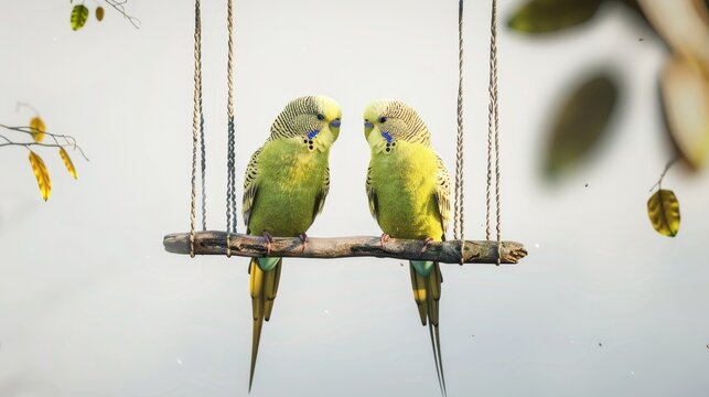 A white background watercolor painting of parakeets chirping on a swing