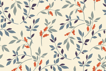 Seamless floral pattern, abstract ditsy print, nature ornament in elegant vintage style. Elegant botanical design: small hand drawn flowers branches, leaves in delicate colors. Vector illustration.