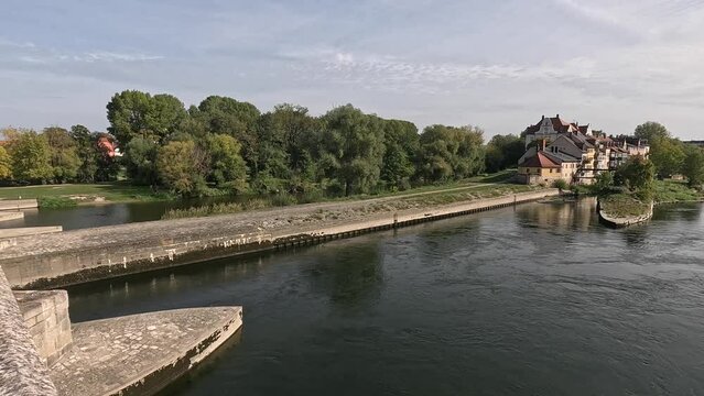 View of the buildings on the Danube River from the Old Stone Bridge (Steinerne Brucke), Germany