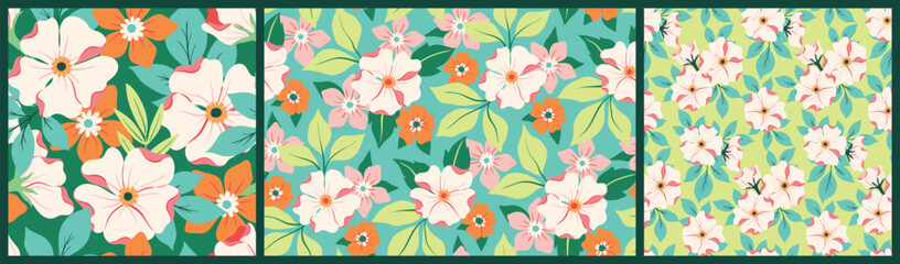 Seamless floral pattern, bright retro style ditsy print, abstract ornament in the collection. Summer botanical design: large hand drawn decorative flowers, leaves, cartoon plants. Vector illustration.