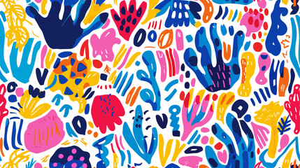 Energetic abstract art seamless pattern with bold colors and playful shapes on a white background. Flat vector illustration