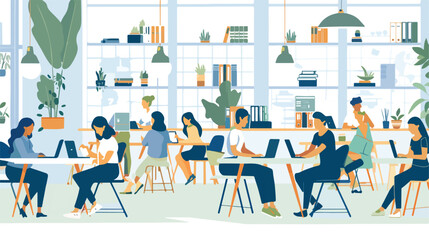People work in open space office. Vector flat illustration