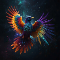 A vibrant bird, possibly a phoenix, spreads its wings wide in a majestic display. The wings are adorned with a multitude of colorful dots, each glowing radiantly