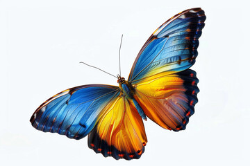 Very beautiful blue yellow orange butterfly in flight isolated on a transparent background 