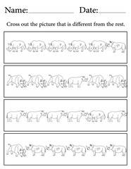 Fototapeta premium Rhino Puzzle. Printable Activity Page for Kids. Educational Resources for School for Kids. Kids Activity Worksheet. Find the Different Object