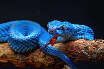 A blue snake is sitting on a branch with its tongue sticking out