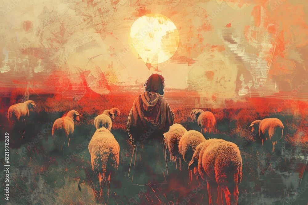 Wall mural A man standing in a field surrounded by sheep. Suitable for agricultural concepts