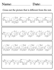 Rhino Puzzle. Printable Activity Page for Kids. Educational Resources for School for Kids. Kids Activity Worksheet. Find the Different Object