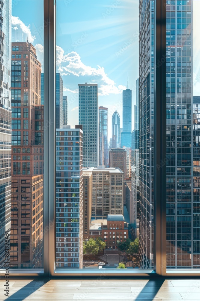 Poster urban city view through a large window. suitable for architectural and real estate concepts