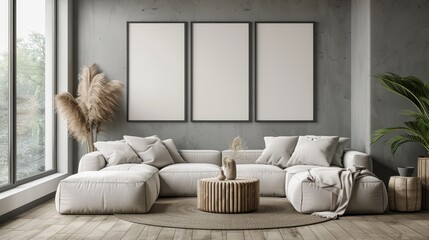 A mockup frame of an interior design of a Scandinavian living room in 3D