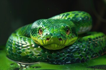 Fototapeta premium Close up of a green snake on a leaf, suitable for nature and wildlife concepts